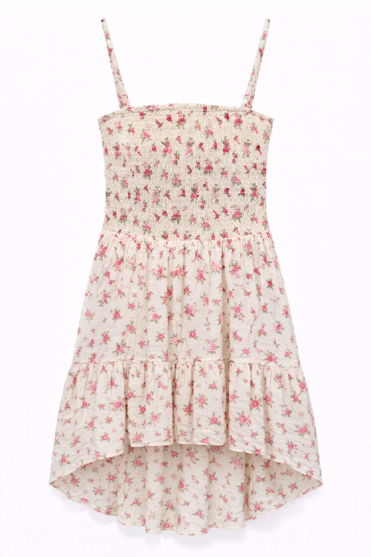 JUNIOR JULIET SMOCKED BODICE HI-LOW DRESS