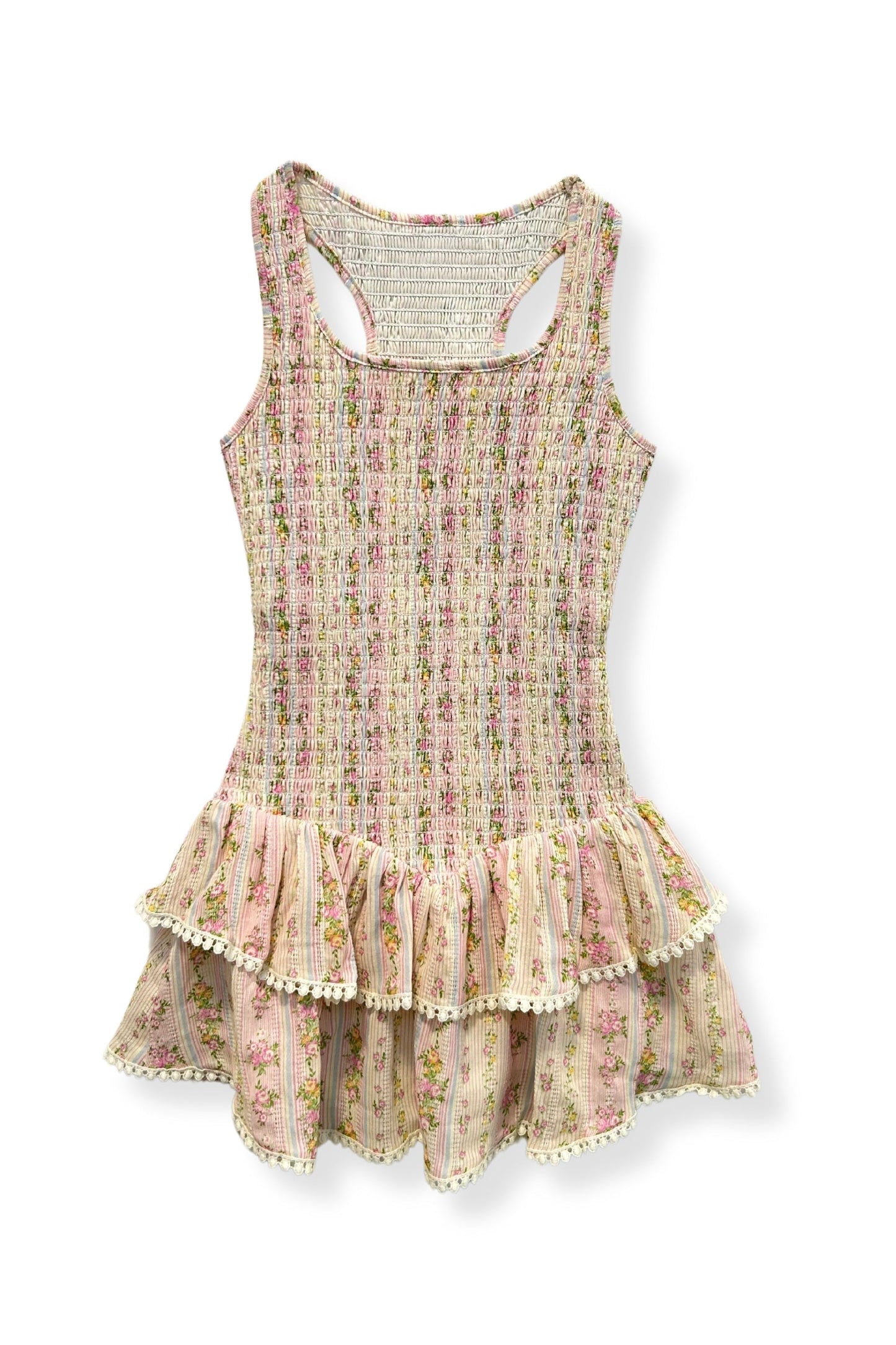 JUNIOR VALLIE PRINTED RACERBACK RUFFLE DRESS