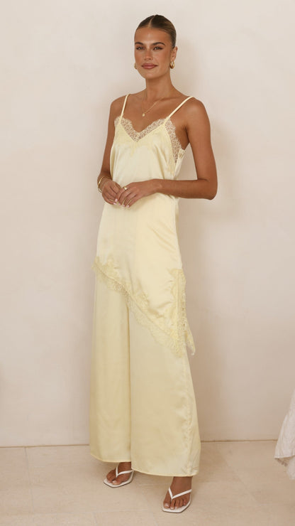 Hayleigh Asymmetrical Top and Pants Set - Yellow/Lace