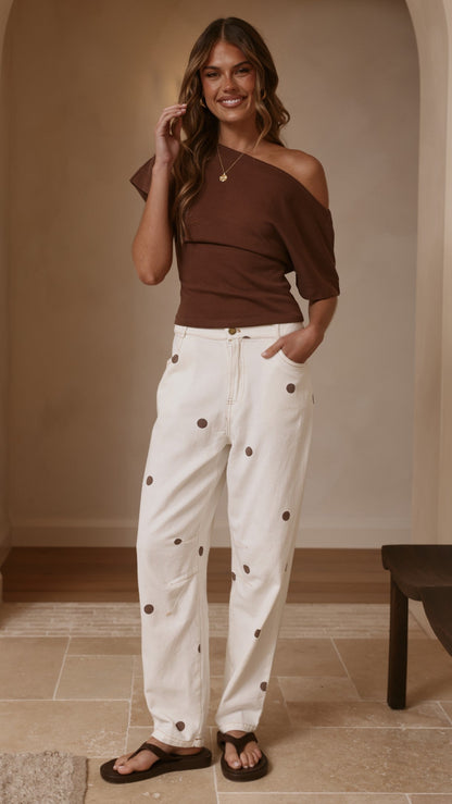 Cleora Barrel Jeans - Cream Polka