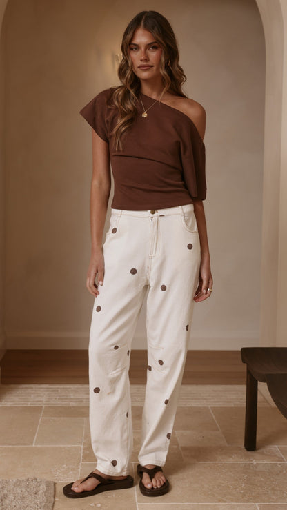 Cleora Barrel Jeans - Cream Polka