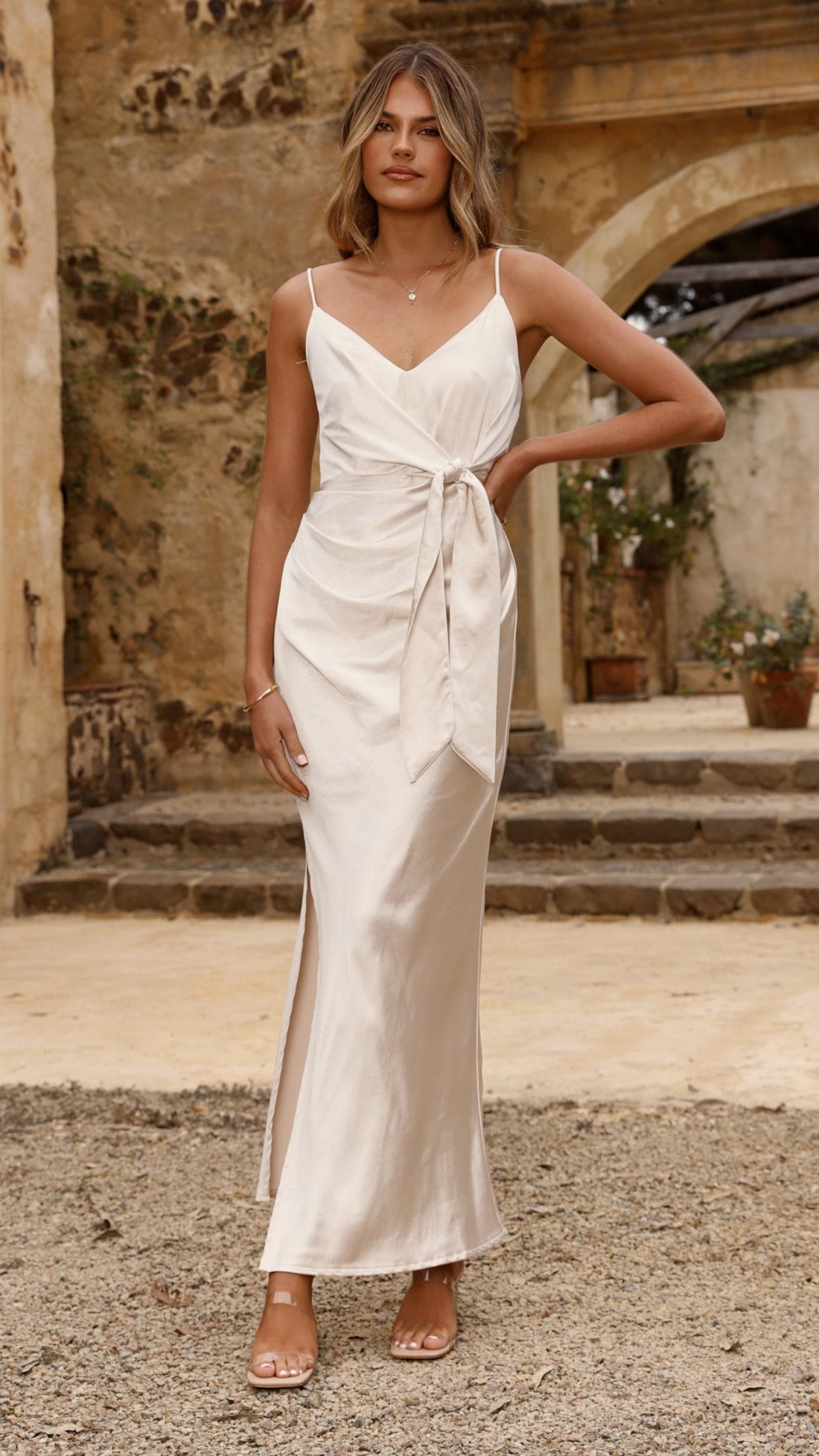 Yasmeen Tie Front Maxi Dress - Champagne