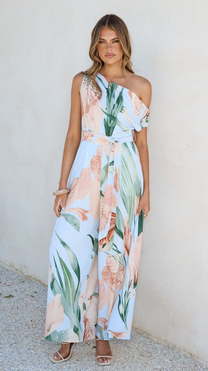 Oasis One Shoulder Jumpsuit - Blue/Peach Floral