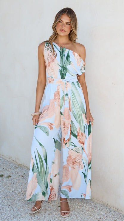 Oasis One Shoulder Jumpsuit - Blue/Peach Floral