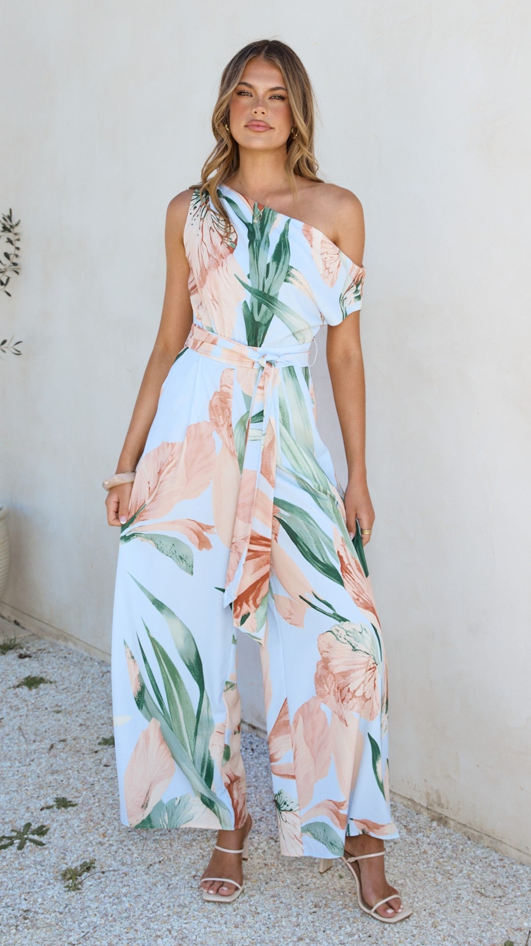 Oasis One Shoulder Jumpsuit - Blue/Peach Floral