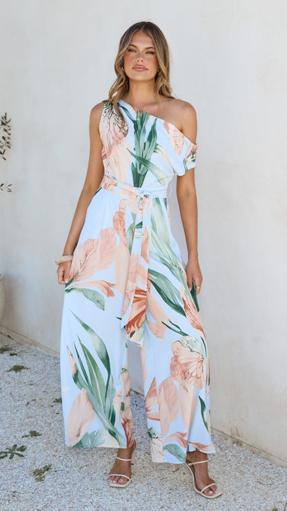 Oasis One Shoulder Jumpsuit - Blue/Peach Floral
