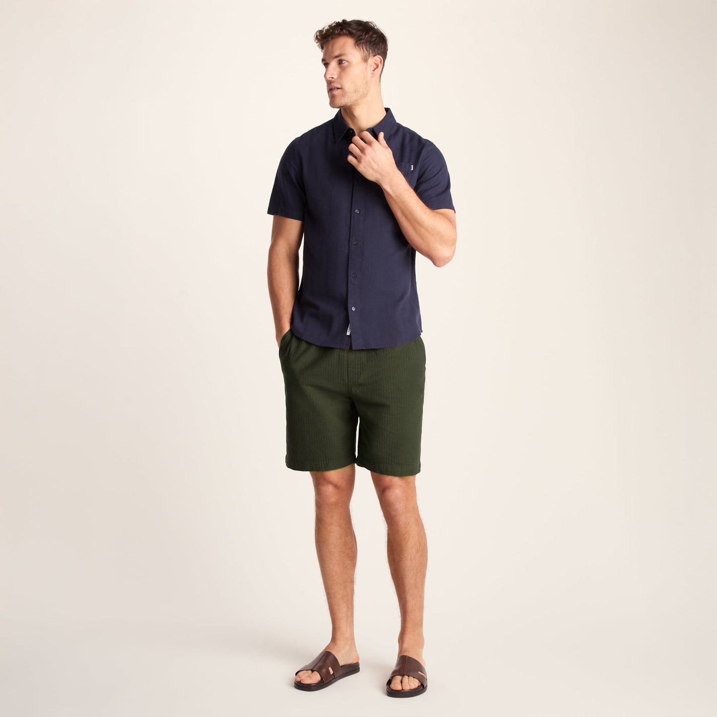 Allento Mens Relaxed Fit Herringbone Fabric Shorts - Dark Olive Green