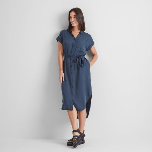 Lenira Womens Relaxed Fit Luxurious Tencel Lyocell Shirt Dress - Dark Denim