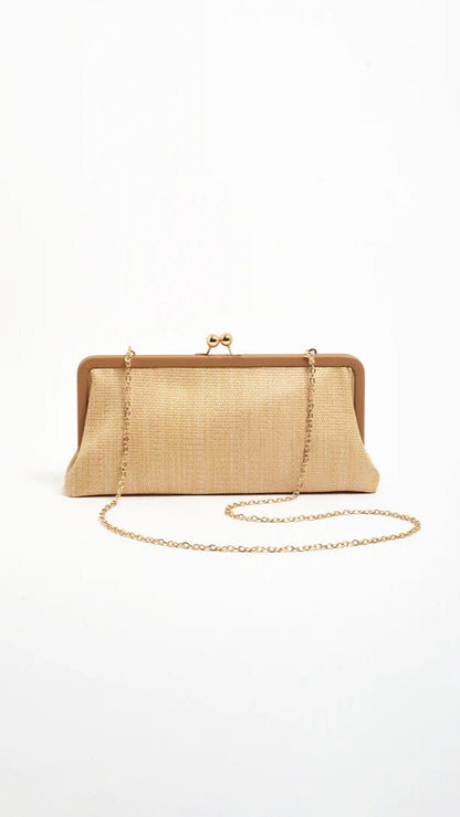 Clip Top Woven Soft Rectangle Clutch - Camel