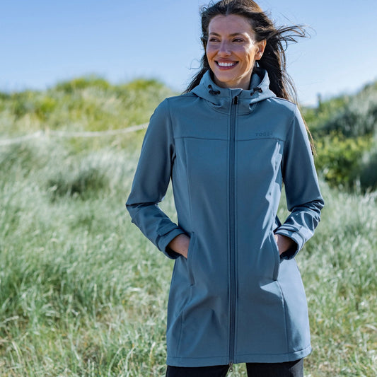 Keld Womens Long Shower Resistant Hooded Softshell Jacket - Blue Stone