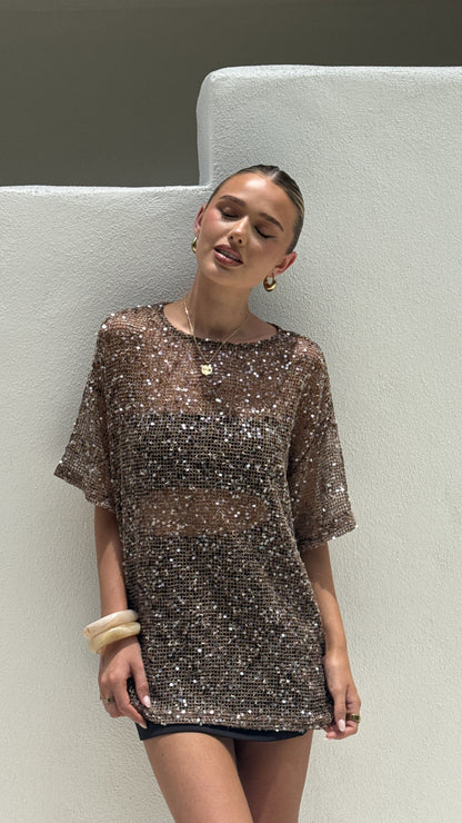 Zinnia Oversized Sequins Tee - Mocha