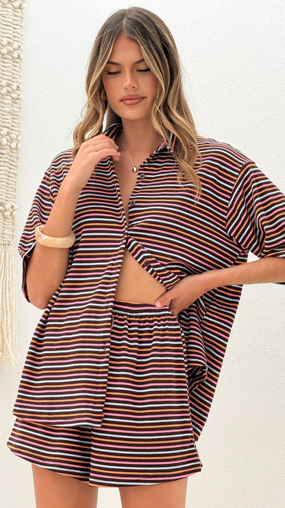 Tali Button Up Shirt and Shorts Set - Brown/Blue Stripe