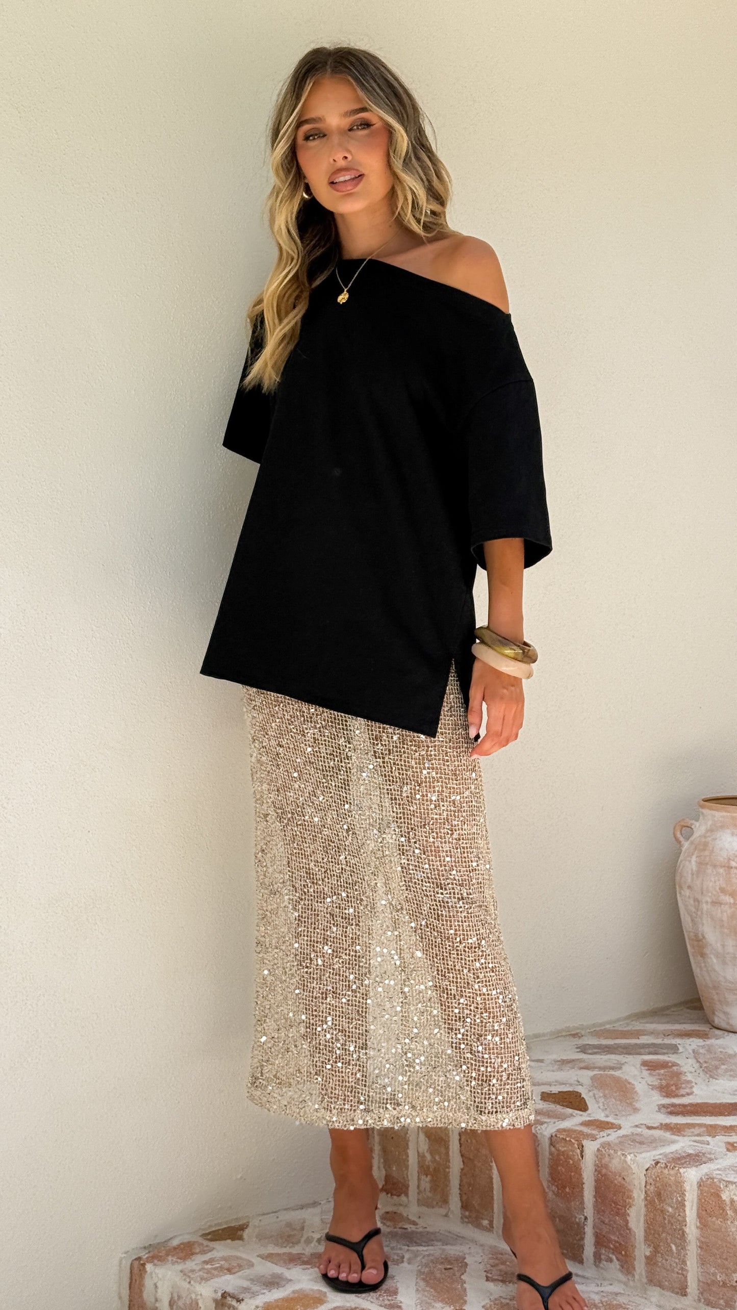 Verlo Sequins Maxi Skirt - Beige