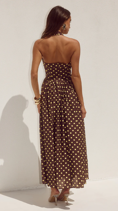 Sammi Halter Midi Dress - Choc/Lemon Polka
