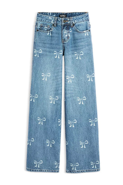 JUNIOR CHICAGO DISTRESSED BOW PRINT LOW RISE JEANS