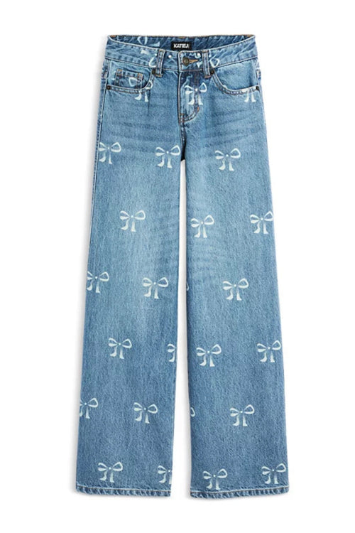 JUNIOR CHICAGO DISTRESSED BOW PRINT LOW RISE JEANS