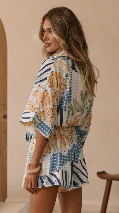 Farrah Playsuit - Blue/Yellow Print