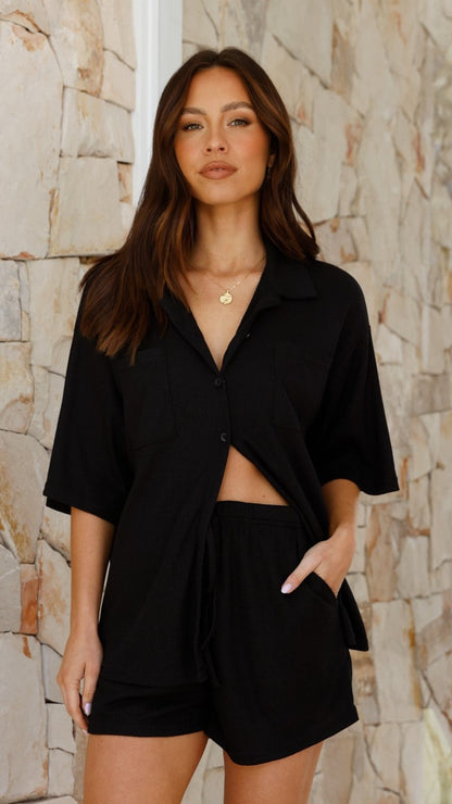 Machiko Button Up Shirt and Shorts Set - Black Waffle Knit